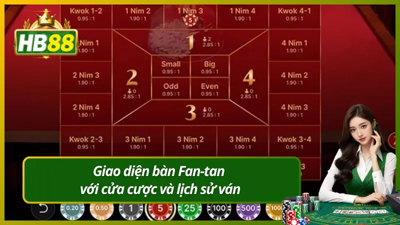 Giao diện bàn Fan-tan với cửa cược và lịch sử ván