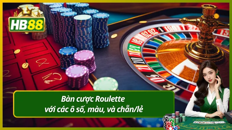 Bàn cược Roulette với các ô số, màu, và chẵn/lẻ
